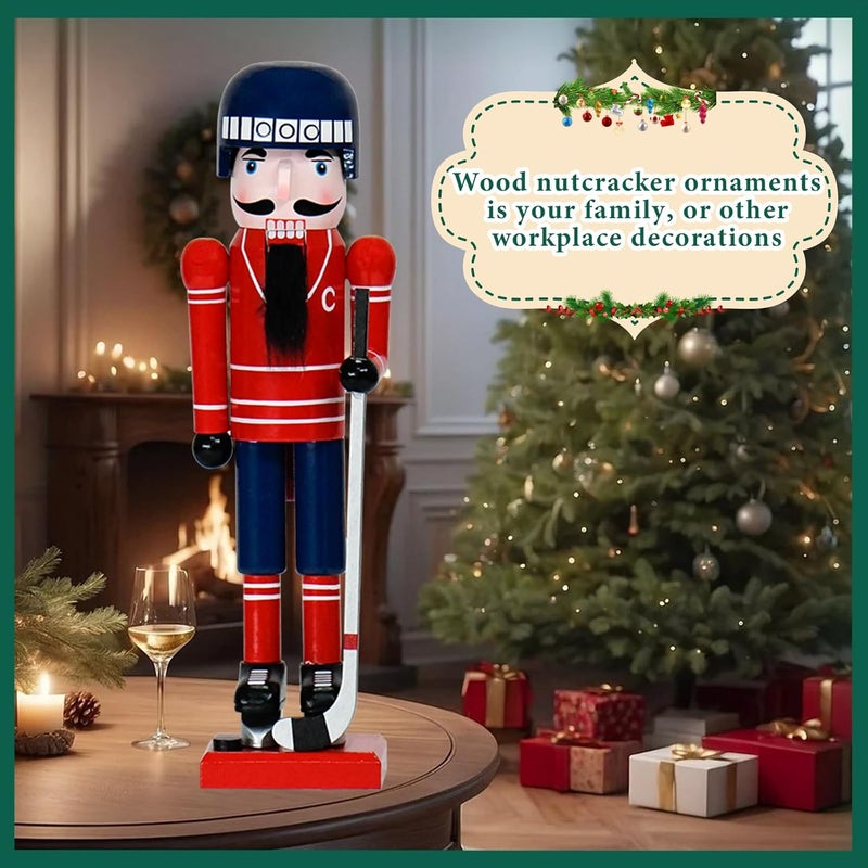 WVIOUOPU Ice Hockey Player Nutcracker Christmas Decorations - 14 Inch Handmade Wooden Figures with Hockey Stick Helmet Skates for Mantle Shelf Tabletop Home Christmas Holiday Ornaments Gifts - Image 5